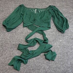 Indikah M Green Off Shoulder Puff Sleeve Crop Top Tie Front Romantic Boho